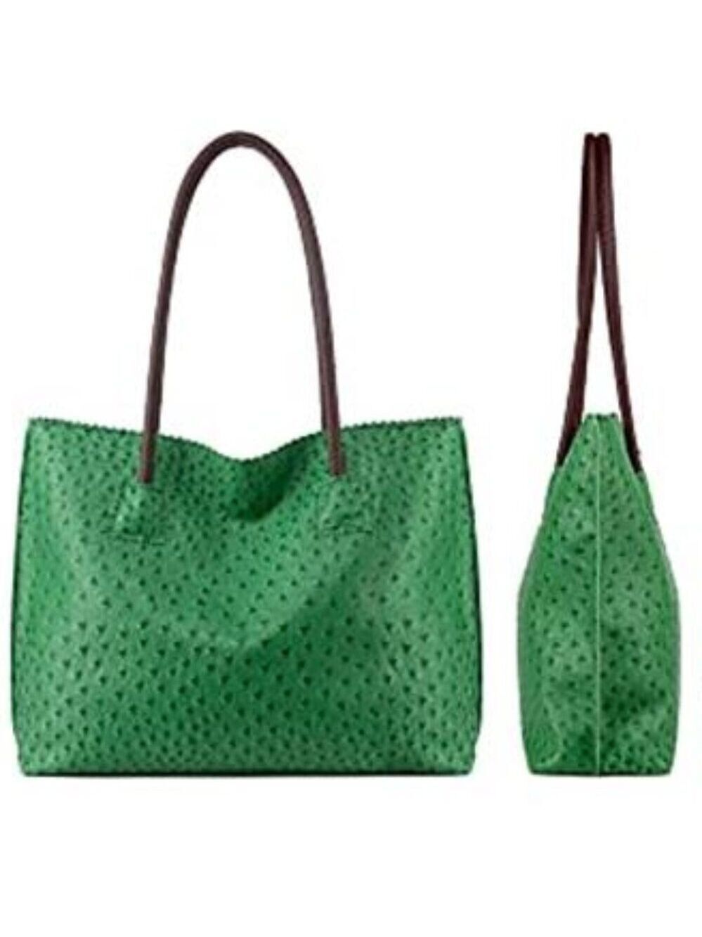Green Ostrich Vegan Leather Tote Bag Women Large Zipper Shoulder Bag - Picture 5 of 8
